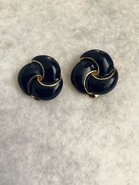 Gold-Trim Navy Enamel Swirl Clip-On Earrings